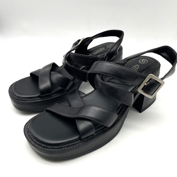 Vintage 90s Y2K Lower East Side Black Faux Leather Strappy Block Heel Sandal 5.5 - Picture 3 of 16